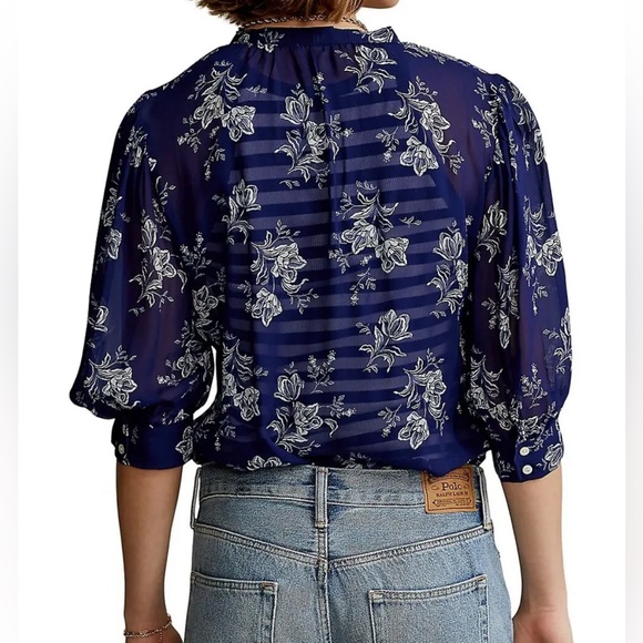 Polo Ralph Lauren Womens Viscose Floral-Print Tie-Neck Blouse Blue SZ. S/P NWT - Picture 4 of 8